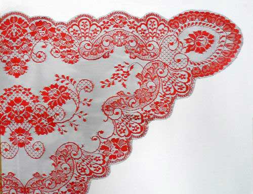 Triangular Spanish Veil or Mantilla in Red with Black Background. Dimensions: 60 X 115cm